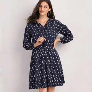 Garnet Hill Ruffled Split-Neck Knit Dress Size Medium Blue White Feathers #48697